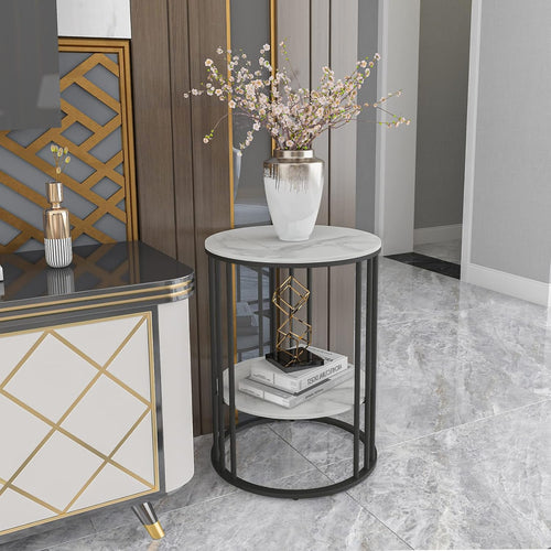 Marble Top Side Table Black: Small Circle End Tables 40 x 54cm Sintered Stone Bedside with Metal Black Legs Modern White Nightstand 2 Tier Round Sofa Side Table for Bedroom Living Room Furniture