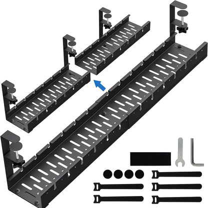 Necomi No Drill Under Desk Cable Management Tray, 21.7" Retractable Clamp Mounted Desk Cable Cord Organizer for Wire Management, Sturdy Metal Cable Tray Basket for Home Office(Black)