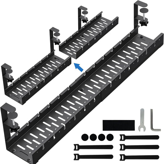 Necomi No Drill Under Desk Cable Management Tray, 21.7" Retractable Clamp Mounted Desk Cable Cord Organizer for Wire Management, Sturdy Metal Cable Tray Basket for Home Office(Black)