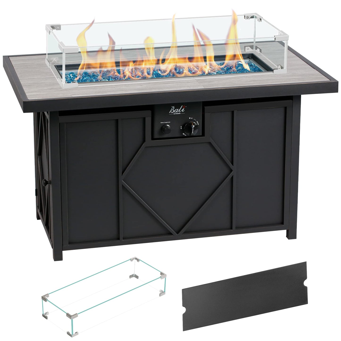 Bali Outdoors Propane Fire Pit Table, 42 inch 60,000 BTU Gas FirePit Table with Glass Wind Guard, Rectangular Fire Pit with Tile Tabletop