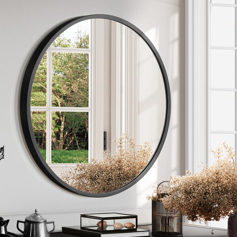 Furb Round Wall Mirror, 80cm Circle Vanity Mirror, Metal Frame Mirror for Living Room, Bathroom, Hallyway (Gold)