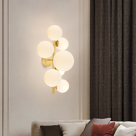 7-Light Mid Century Modern Gold Wall Light,G9 Ceiling Light with Globe Frosted Milky Glass Lamp Shade,Vintage Brass Wireless Wall Sconce Chandelier Ceiling Lighting (Brass)