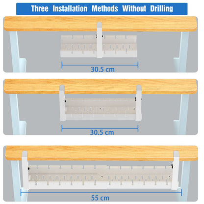 Necomi No Drill Under Desk Cable Management Tray, 21.7" Retractable Clamp Mounted Desk Cable Cord Organizer for Wire Management, Sturdy Metal Cable Tray Basket for Home Office(Black)