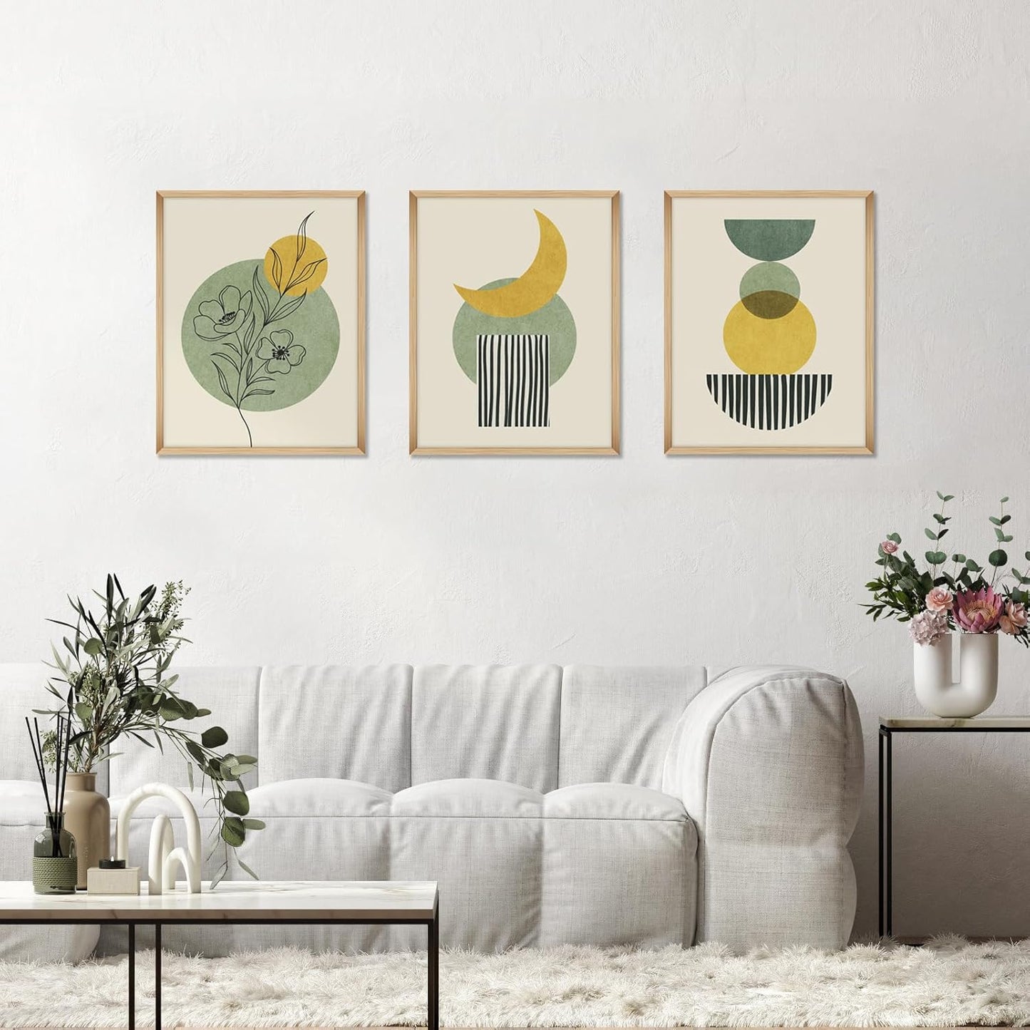 Gisipameis Boho Wall Art Set of 3 Mid Century Modern Wall Decor Framed Canvas Print 12"x16" Minimalist Wall Art Geometric Abstract Modern Neutral Boho Wall Art Decor for Living Room Bathroom