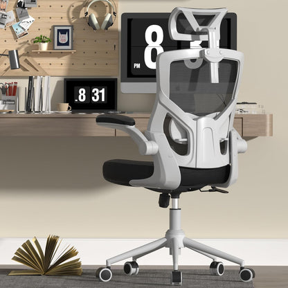 𝑯𝑶𝑴𝑬 𝑶𝑭𝑭𝑰𝑪𝑬 𝑪𝑯𝑨𝑰𝑹, Ergonomic Mesh Desk Chair, High Back Computer Chair- Adjustable Headrest with Flip-Up Arms, Lumbar Support, Swivel Executive Task Chair (Modern, White)