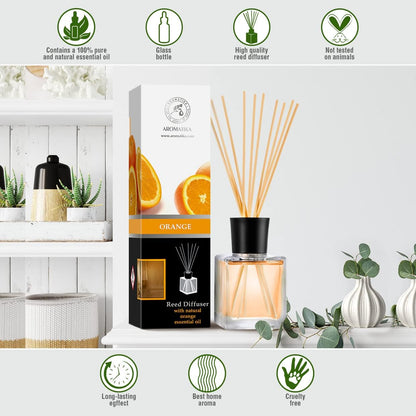 Orange Reed Diffuser Natural Essential Orange Oil 200ml - Fresh & Long Lasting Home Fragrance - 0% Alcohol - Gift Set with Bamboo Sticks - Best for Aromatherapy - Spa - Home - Kitchen - Bath - Office