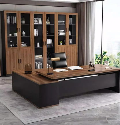 Nuipesn Luxury President Office Stylish Executive Desk – High-Density Board for Enhanced Functionality and Work Efficiency (Walnut, Inside View Right Side Cabinet/L160*W120*H75cm)