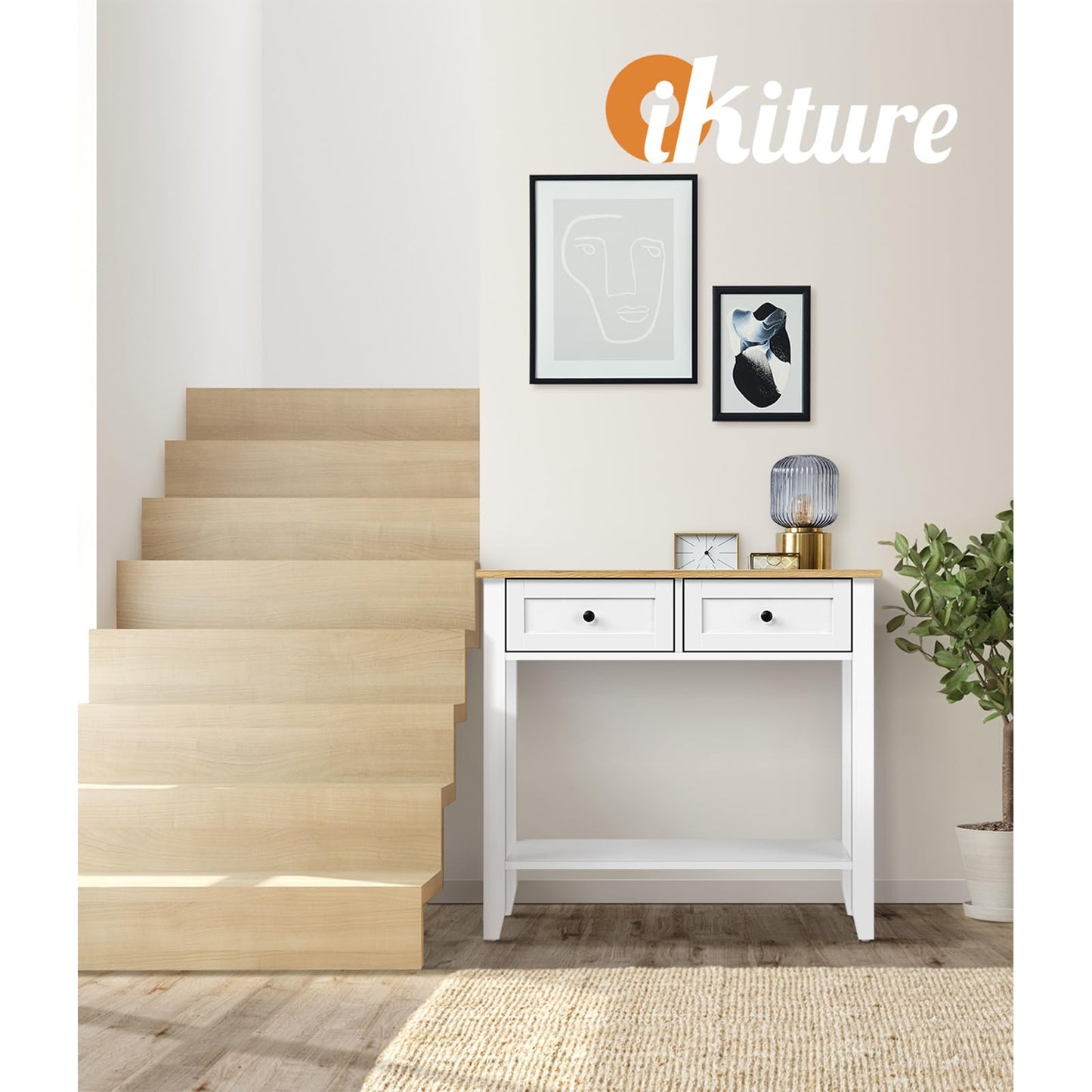 Oikiture Hallway Table Console Table with Marble Tabletop and Steel Frame 95cm