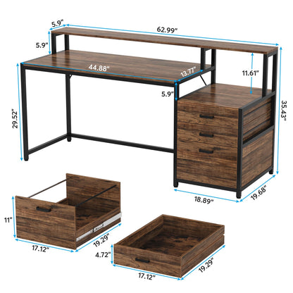 Tribesigns Office Desk with Drawers, 160cm Computer Desk with Monitor Stand, Rustic Work Desk with Printer Space, Wood Home Office Desk with File Drawer Cabinet, Rustic Brown