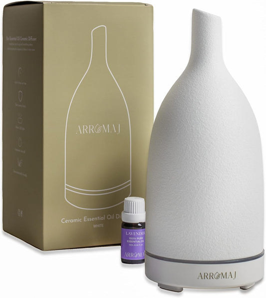 ARROMAJ Ceramic Essential Oil Ultrasonic Diffuser Set 100mL White, Aromatherapy Stone Diffuser Gift Set with Essential Oil for Home, Office and Bedroom