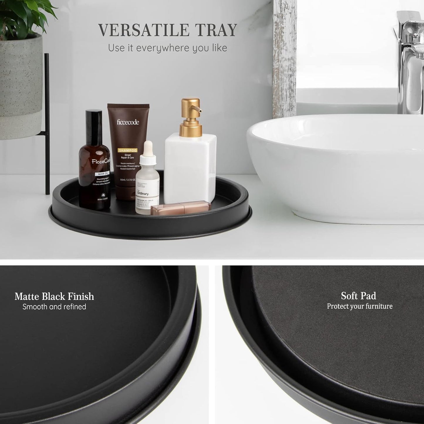 ANBOXIT Decorative Tray, Black Round Trays for Decor, Coffee Table Tray, Candle, Perfume, Bathroom Tray, Vanity Tray, 30 cm