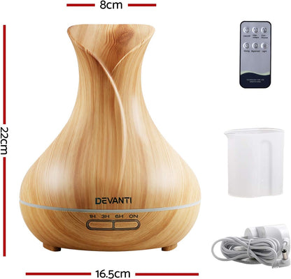 Devanti Aroma Diffuser, 400ml Air Humidifier Purifier Essential Oils Car Freshener Vaporizer Aromatherapy Diffusers Scent Booster Home Office Bedroom Humidifiers Steam, 7 Led Light Brown