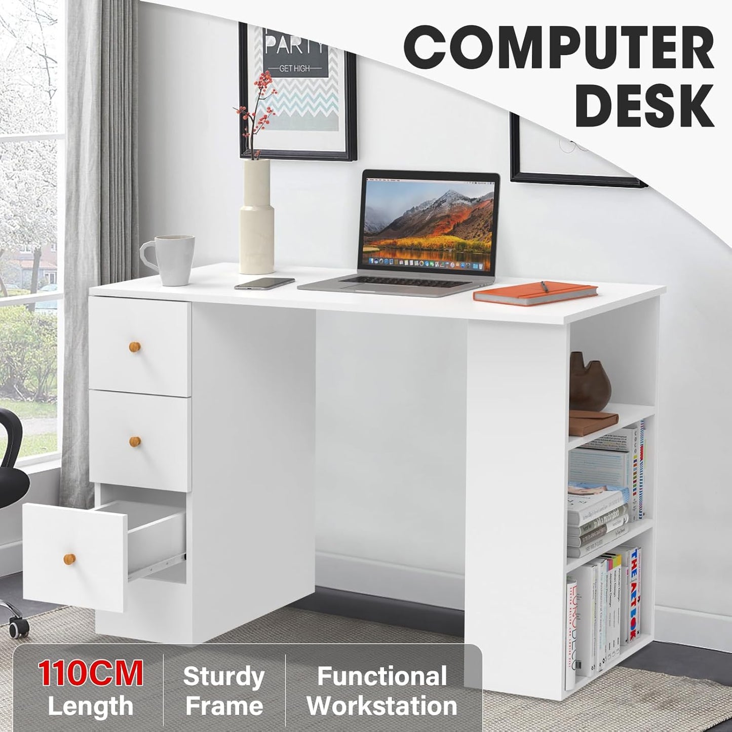 Advwin L-Shaped Computer Desk with Storage Shelf Wooden Workstation Writing Table Modern Office Desks for Study Work from Home, White