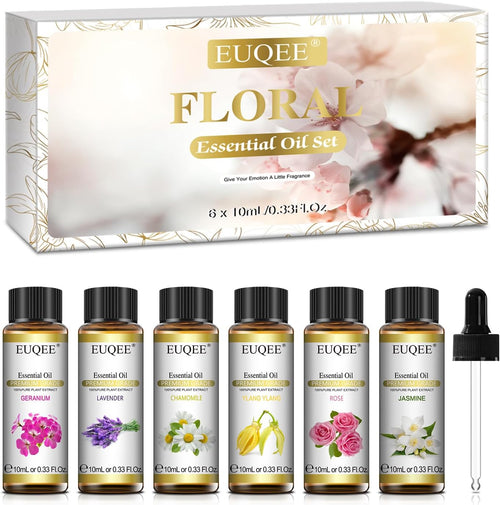 EUQEE Floral Essential Oils Set of 6 Pure Essential Oil Gift Set for Diffusers, Candle Making - Lavender, Rose, Ylang Ylang, Jasmine, Geranium, Chamomile Aromatherapy Oils - 10ml