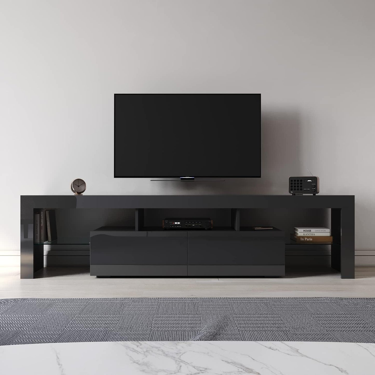 ELEGANT TV Cabinet Furniture with LED Lighting, 200cm High Gloss Black Entertainment Unit