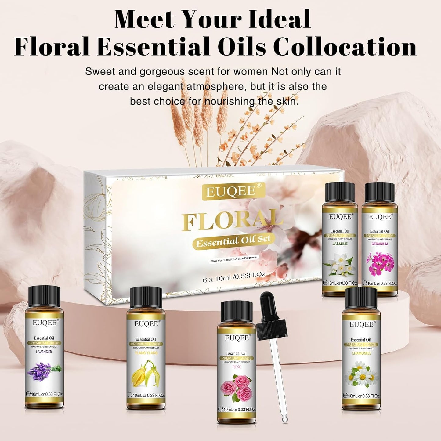 EUQEE Floral Essential Oils Set of 6 Pure Essential Oil Gift Set for Diffusers, Candle Making - Lavender, Rose, Ylang Ylang, Jasmine, Geranium, Chamomile Aromatherapy Oils - 10ml