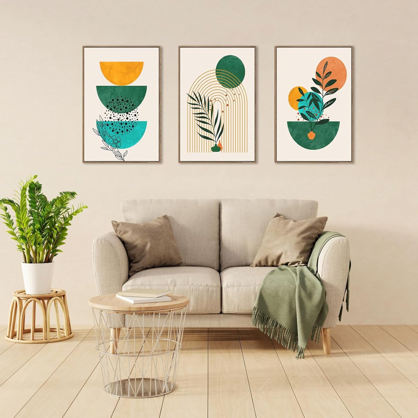 Gisipameis Boho Wall Art Set of 3 Mid Century Modern Wall Decor Framed Canvas Print 12"x16" Minimalist Wall Art Geometric Abstract Modern Neutral Boho Wall Art Decor for Living Room Bathroom