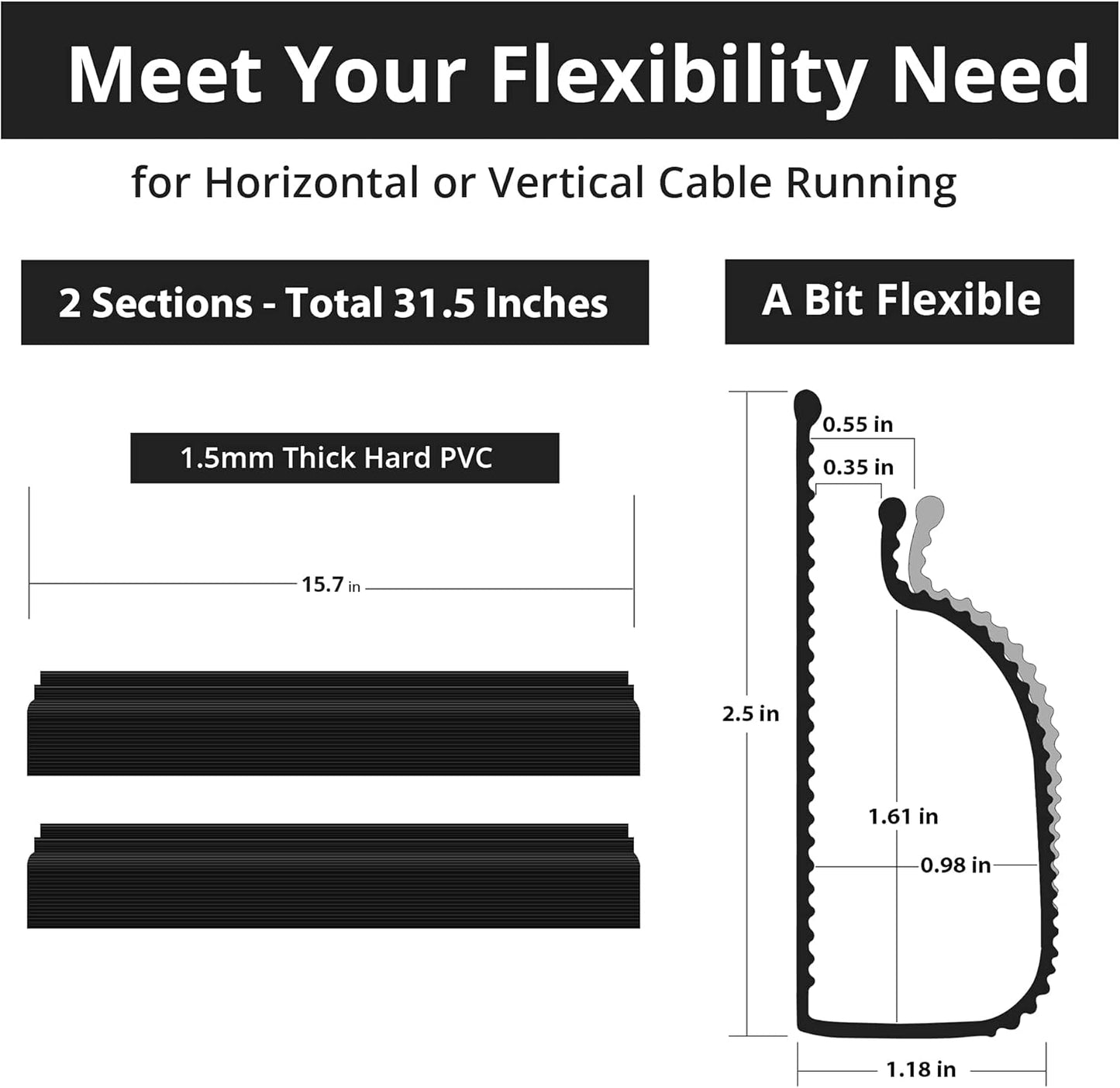 ZhiYo Cable Management 31.5in J Channel - 2Pack Cable Raceway - Cable Management Under Desk with Adhesive Stripe Built-in, Easy to Install Desk Cord Organizer, 2X L15.7in, Cord Cover, Black