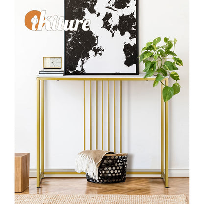 Oikiture Hallway Table Console Table with Marble Tabletop and Steel Frame 95cm