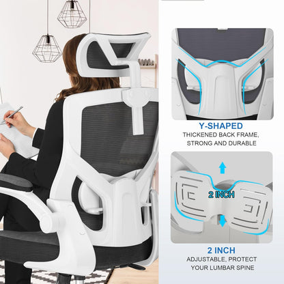 𝑯𝑶𝑴𝑬 𝑶𝑭𝑭𝑰𝑪𝑬 𝑪𝑯𝑨𝑰𝑹, Ergonomic Mesh Desk Chair, High Back Computer Chair- Adjustable Headrest with Flip-Up Arms, Lumbar Support, Swivel Executive Task Chair (Modern, White)