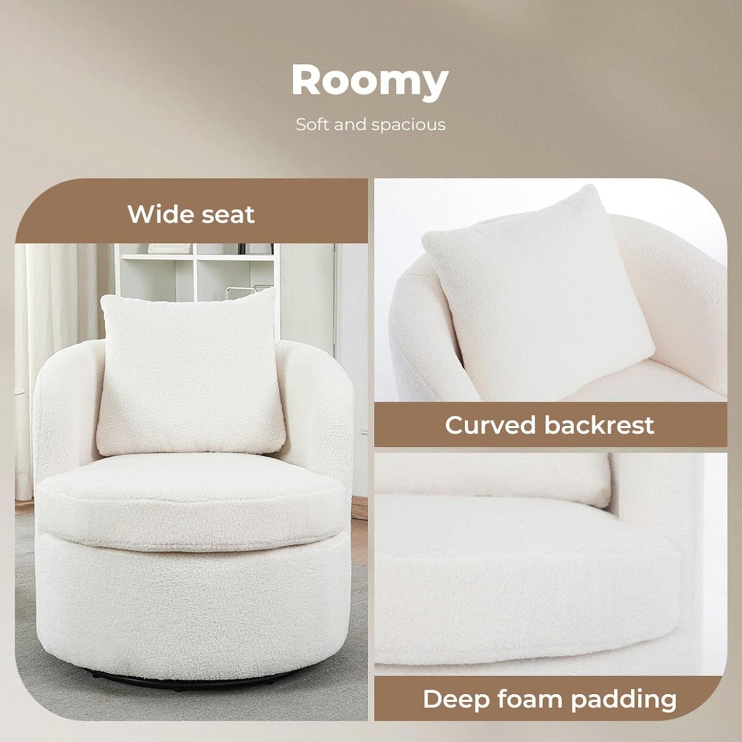 LEVEDE Round Swivel Chair for Living Room - Comfortable Round Sofa Chair Swivel with Boucle Fabric, Includes A Cozy Lumbar Pillow, Swivel Barrel Chair (70cm x 78cm x 72cm, Beige)