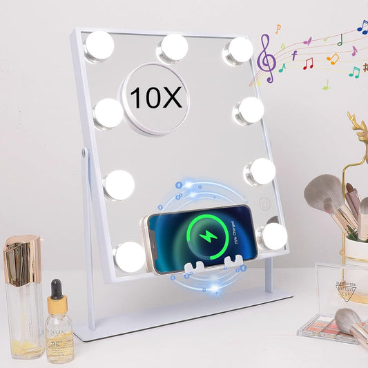 Vanity Mirror with Bluetooth Speaker and Wireless Charging Makeup Mirror with Lights 9 Dimmable Bulbs Lighted Makeup Mirror 3 Color Lighting Tabletop