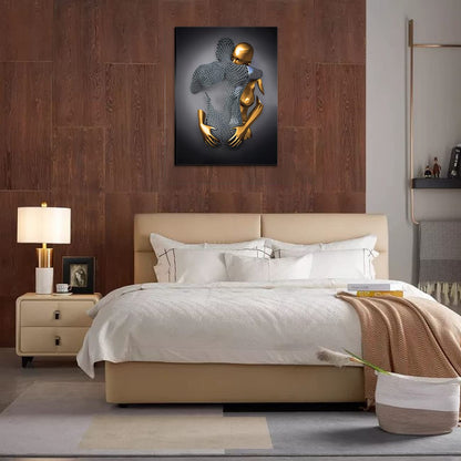 HONEYBABY Bedroom Wall Decor,Framed Romantic Couple Living Room Canvas wall art,Love Heart 3D Metal Sculpture Effect