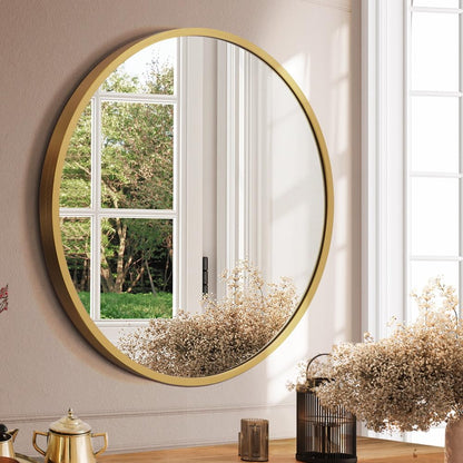 Furb Round Wall Mirror, 80cm Circle Vanity Mirror, Metal Frame Mirror for Living Room, Bathroom, Hallyway (Gold)