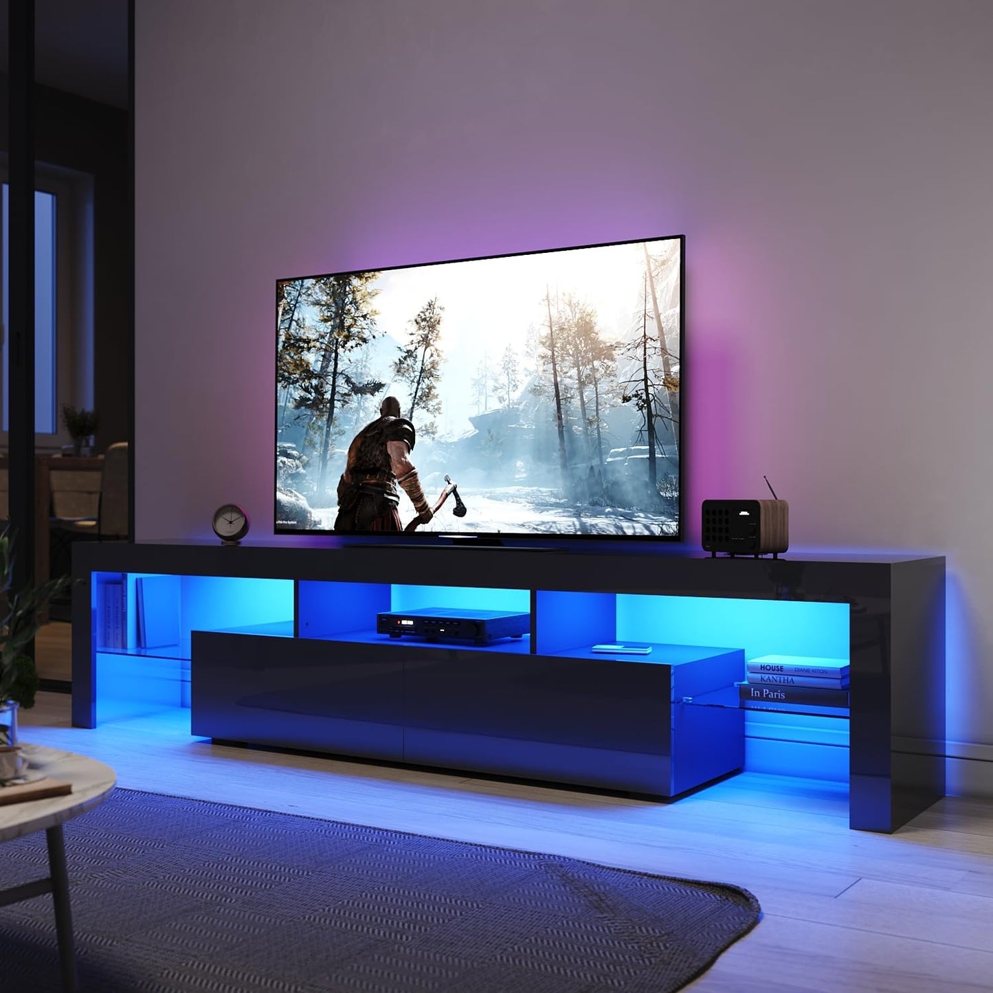 ELEGANT TV Cabinet Furniture with LED Lighting, 200cm High Gloss Black Entertainment Unit