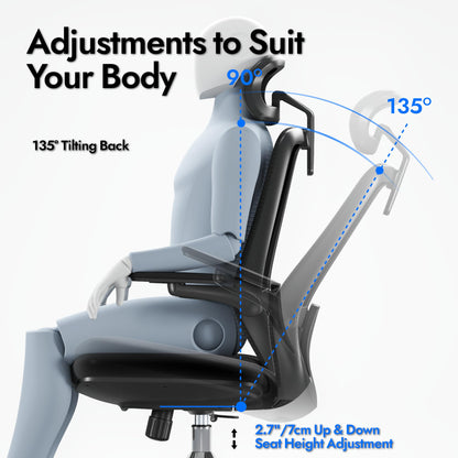 LarkLeaves Ergonomic Office Chair with Flip-Up Arms, Office Chair with Adjustable Lumbar Support and Headrest, Gaming Chair with Thick Cushion, Computer Chair for Home Office, Mesh Back Study Chair