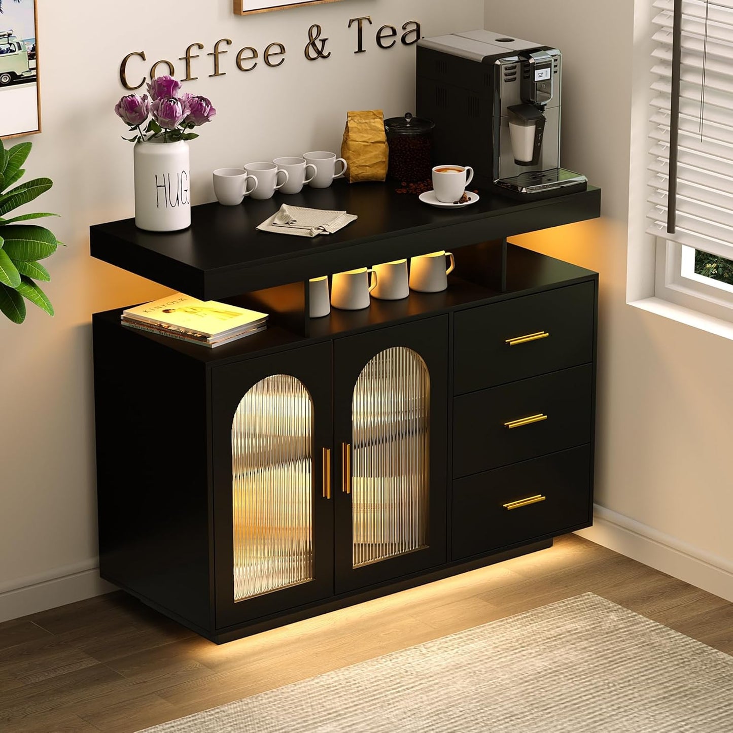 Dystler Sideboard Buffet Cabinet with Storage with 3 Drawers and 2 Doors, 20 Color Lights Console Table with Charging Station, Console Coffee Bar Table for Kitchen, Dining(Black)