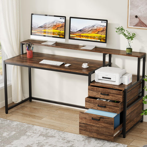 Tribesigns Office Desk with Drawers, 160cm Computer Desk with Monitor Stand, Rustic Work Desk with Printer Space, Wood Home Office Desk with File Drawer Cabinet, Rustic Brown