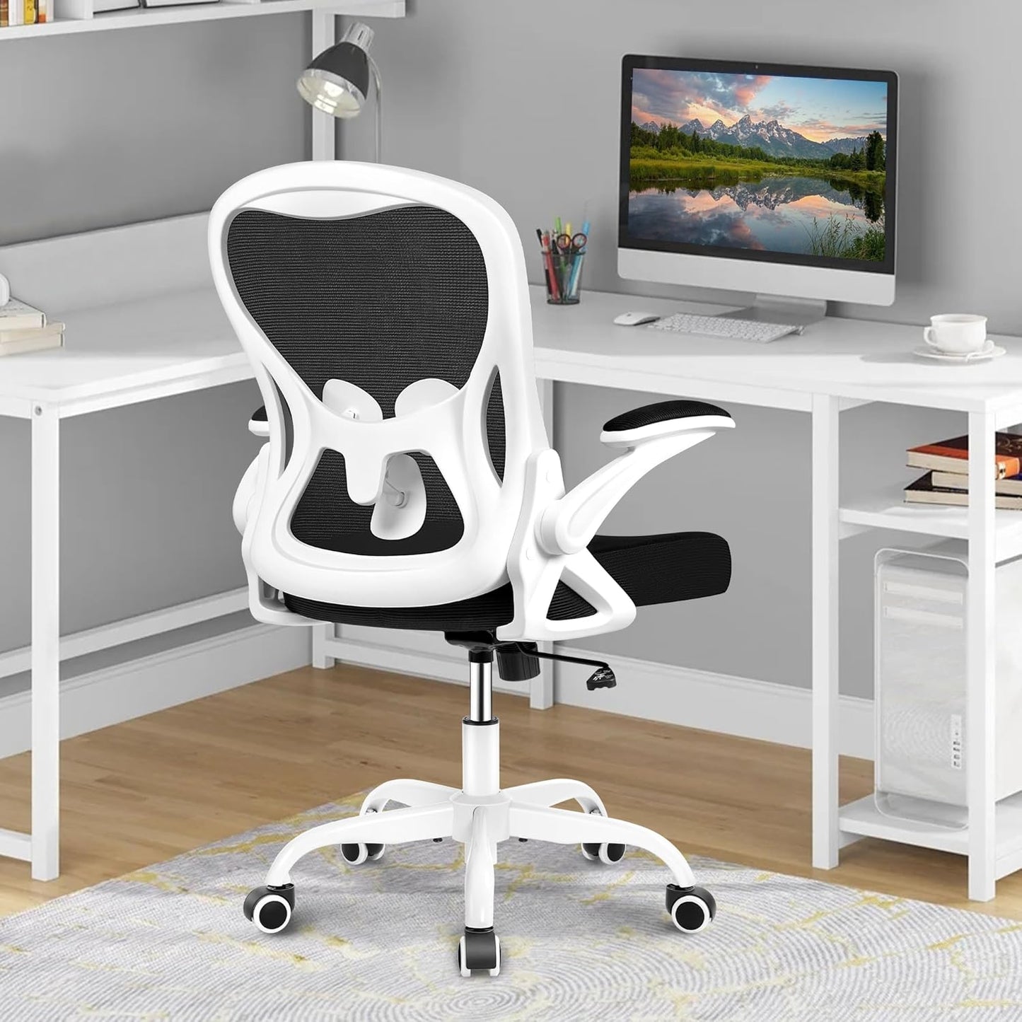 Winrise Office Chair Desk Chair, Ergonomic Mesh Computer Chair Home Office Desk Chairs, Swivel Task Chair Mid Back Breathable Rolling Chair with Adjustable Lumbar Support Flip Up Armrest (White)