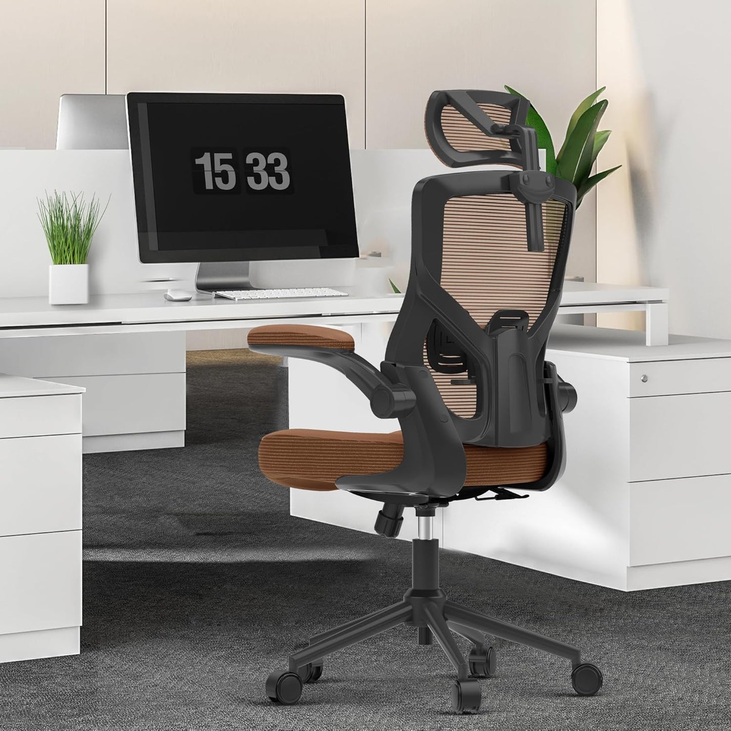 𝑯𝑶𝑴𝑬 𝑶𝑭𝑭𝑰𝑪𝑬 𝑪𝑯𝑨𝑰𝑹, Ergonomic Mesh Desk Chair, High Back Computer Chair- Adjustable Headrest with Flip-Up Arms, Lumbar Support, Swivel Executive Task Chair (Modern, White)