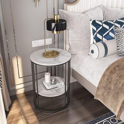 Marble Top Side Table Black: Small Circle End Tables 40 x 54cm Sintered Stone Bedside with Metal Black Legs Modern White Nightstand 2 Tier Round Sofa Side Table for Bedroom Living Room Furniture