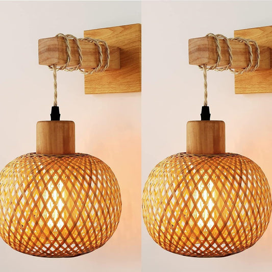 Wall lamp Woven Bamboo cage -Shaped Lanterns, Indoor Wall Lights fixtures, Modern Style Wall Lamps Set of 2, Wall Lights for Bedroom,