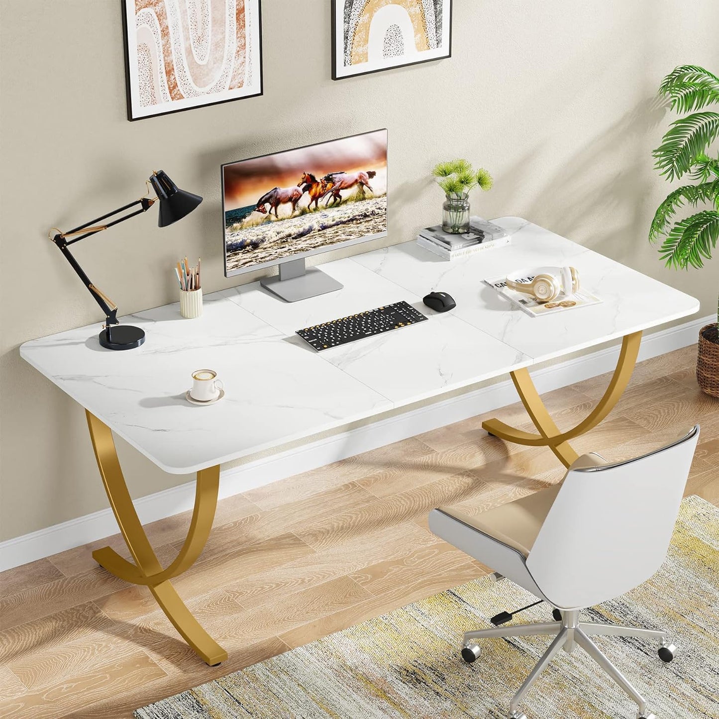 Tribesigns Executive Desk, 160 W x 80 D cm Computer Desk, Modern Home Office Desk Conference Table Meeting Room Table, Business Furniture for Home Office, White and Gold