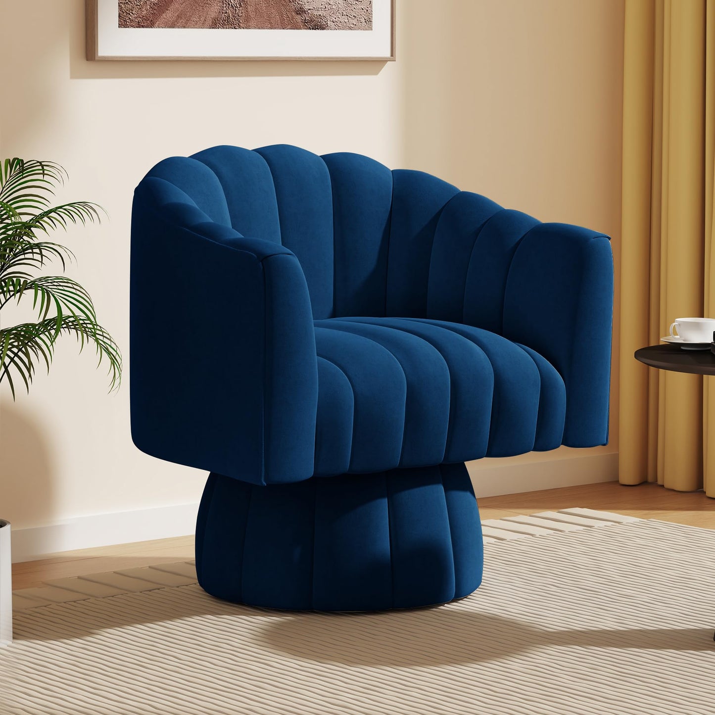 SEYNAR Mid Century 360 Degree Swivel Cuddle Barrel Accent Sofa Chairs, Round Armchairs with Wide Upholstered, Fluffy Velvet Fabric Chair for Living Room, Bedroom, Office, Waiting Rooms, (Navy)