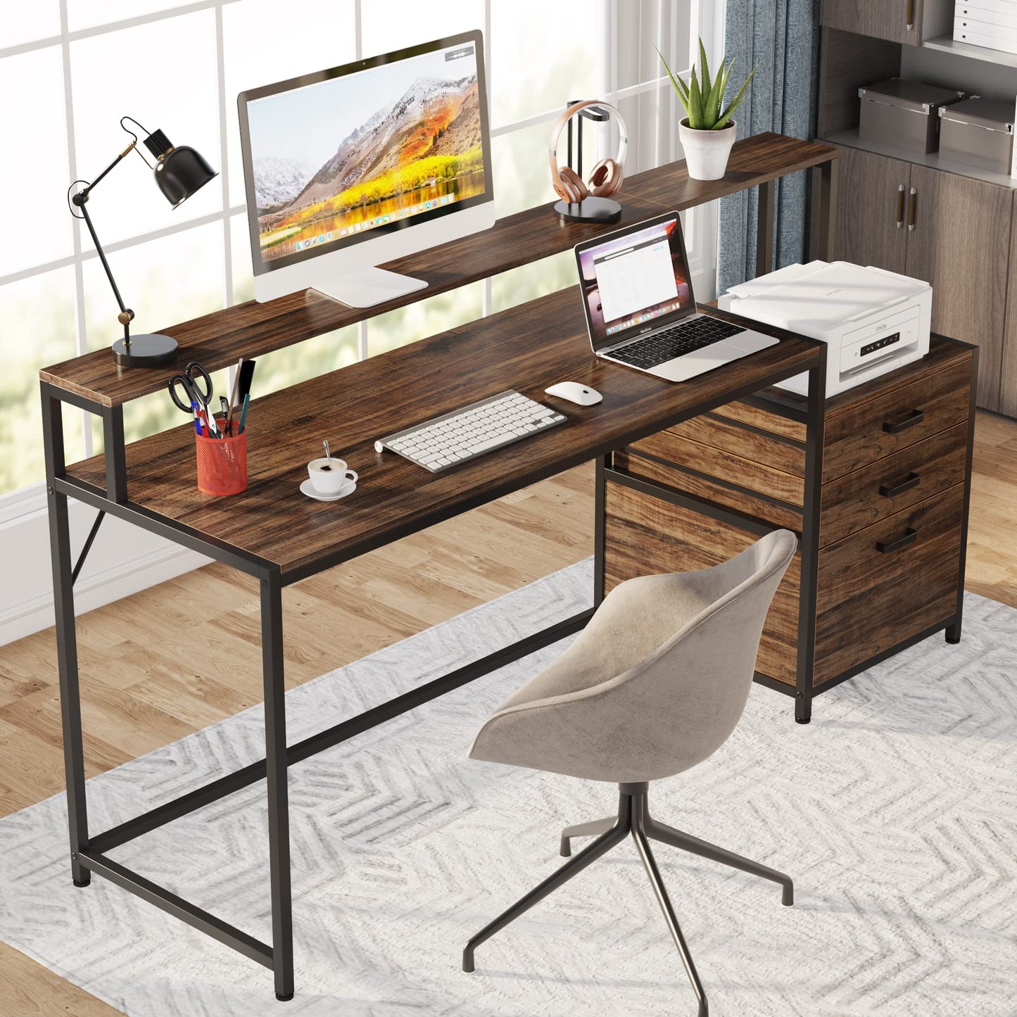 Tribesigns Office Desk with Drawers, 160cm Computer Desk with Monitor Stand, Rustic Work Desk with Printer Space, Wood Home Office Desk with File Drawer Cabinet, Rustic Brown