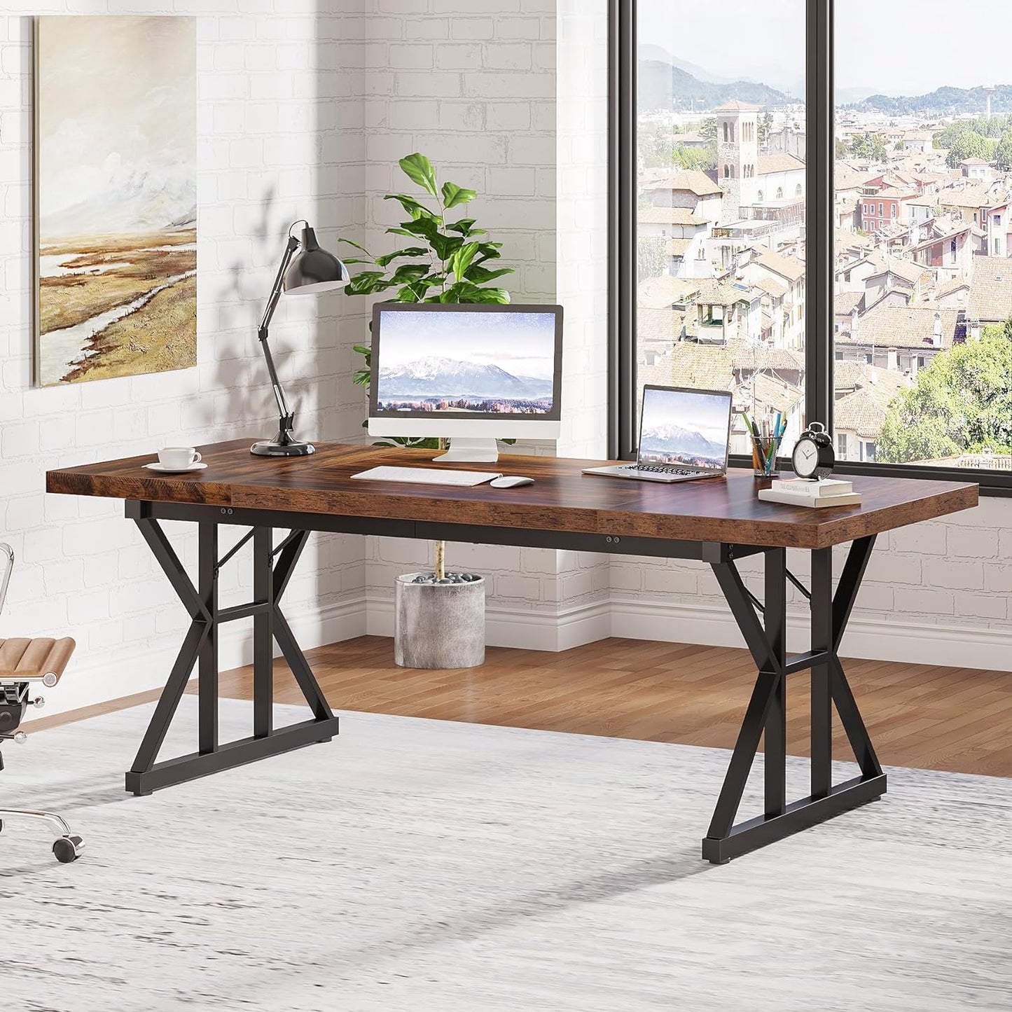 Tribesigns 180 cm Executive Desk, Large Computer Desk Workstation, Modern Simple Style Office Desk Study Writing Table, Business Working Desk for Home Office (Brown/Black, Desk 80cm Depth)