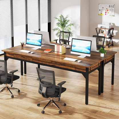 Tribesigns 200cm Computer Desk, 2 Person Computer Desk with Drawers, Large Executive Office Desk, Writing Table Working Desk for Home Office, Rustic Brown