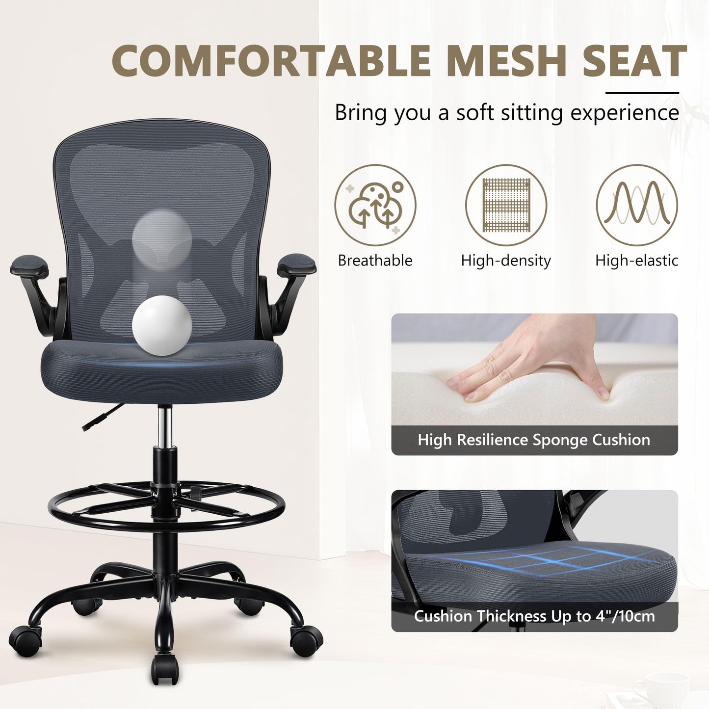 Winrise Office Chair Desk Chair, Ergonomic Mesh Computer Chair Home Office Desk Chairs, Swivel Task Chair Mid Back Breathable Rolling Chair with Adjustable Lumbar Support Flip Up Armrest (White)