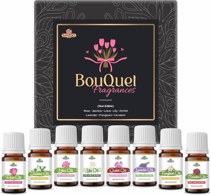 MYOC Bouquet Essential Oils Gift Set for Aroma, Candle Making, Soap Making, Bath Bombs, Diffusers | 10ml Pack of 8