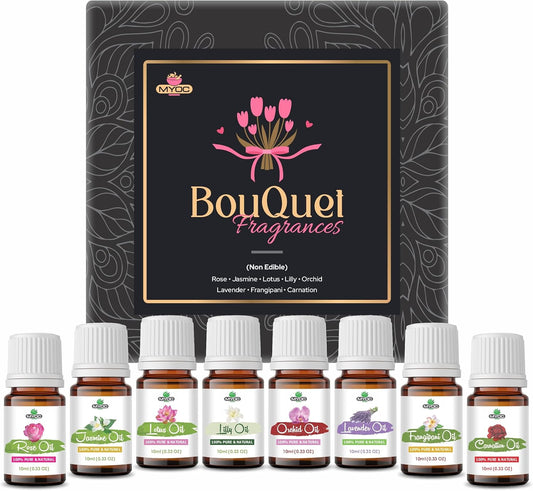 MYOC Bouquet Essential Oils Gift Set for Aroma, Candle Making, Soap Making, Bath Bombs, Diffusers | 10ml Pack of 8