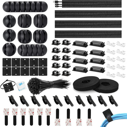 173 Pcs Cable Management Organizer Kit, Include 4 Cable Sleeve Split with 47 Self Adhesive Cable Clips Holder, 10 Cable Ties, 10 Adhesive Wall Cable Tie, 100 Fasten Cable Ties, 2 x Roll Cable Ties