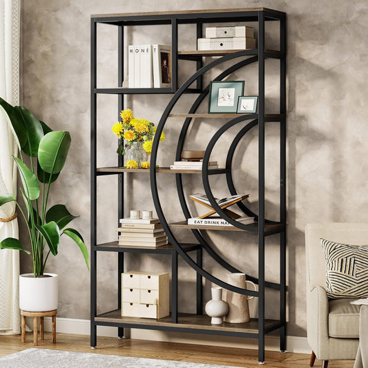 Tribesigns 71 inches Geometric Bookcase, Industrial 8-Tiers Bookshelves, Rustic Etagere Bookcase with Metal Frame, Tall Freestanding Open Storage Shelving Units for Home Office, Living Room