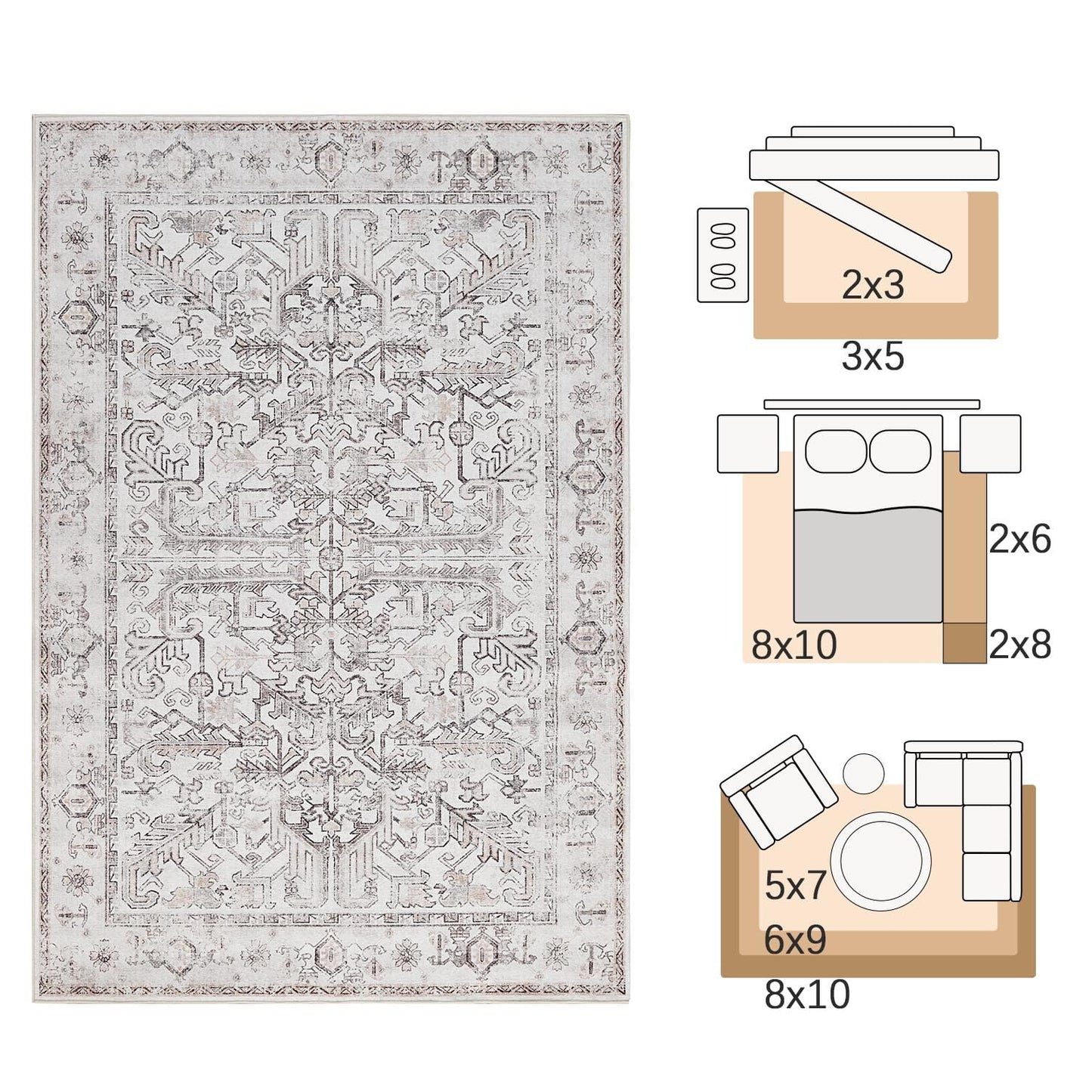 JINCHAN Rug 182x274CM Washable Carpet Boho Living Room Rug Pink Floral Print Large Rug Indoor Soft Distressed Foldable Carpet Thin Rug Bedroom Dining Room Office