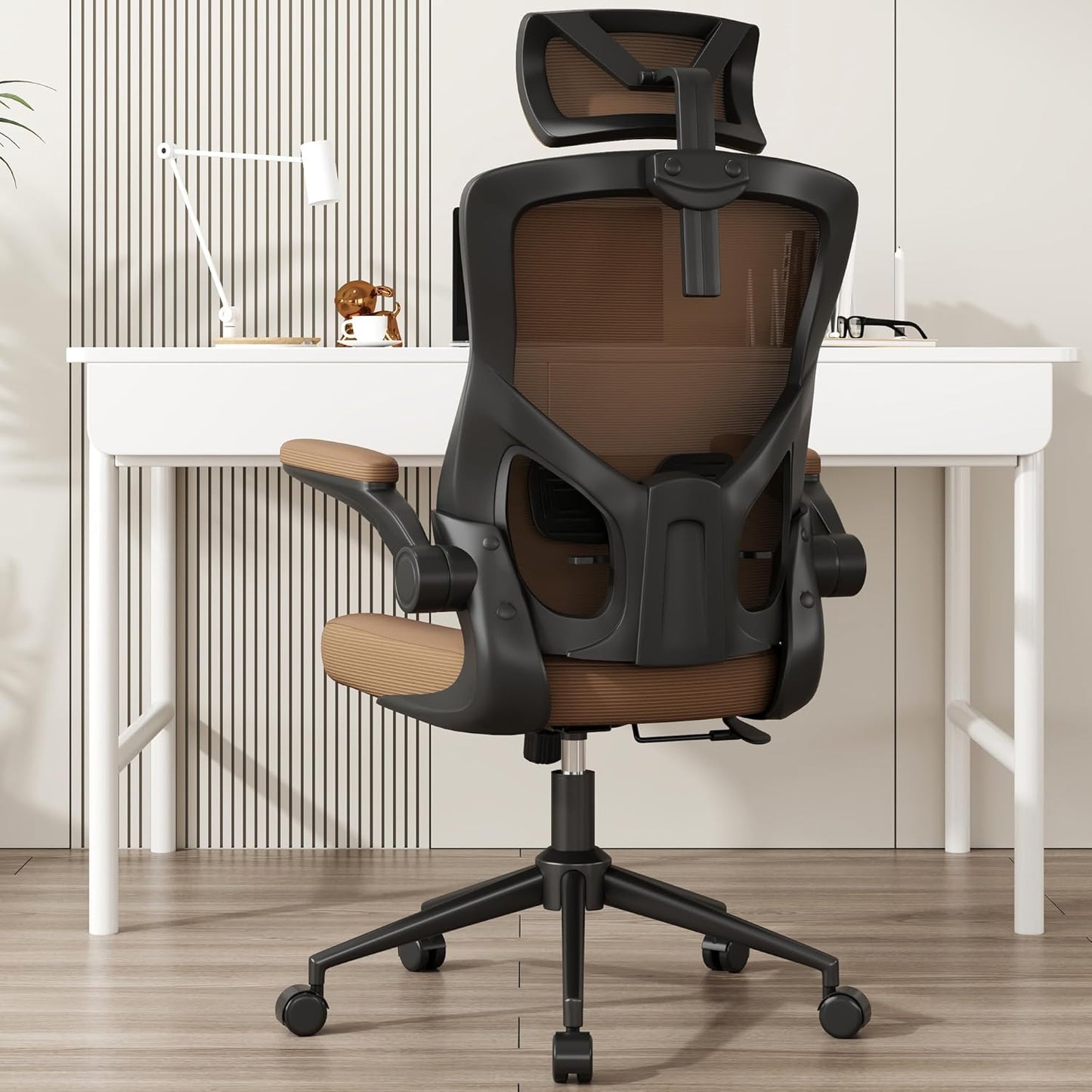 𝑯𝑶𝑴𝑬 𝑶𝑭𝑭𝑰𝑪𝑬 𝑪𝑯𝑨𝑰𝑹, Ergonomic Mesh Desk Chair, High Back Computer Chair- Adjustable Headrest with Flip-Up Arms, Lumbar Support, Swivel Executive Task Chair (Modern, White)