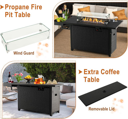 Giantex 52" Outdoor Propane Fire Pit - 50,000 BTU Wicker Patio Gas Fire Table w/Lid, Waterproof Cover, Tempered Glass Wind Guard & Blue Fire Stone, PE Rattan Firepit Table w/Storage Shelf (Black)