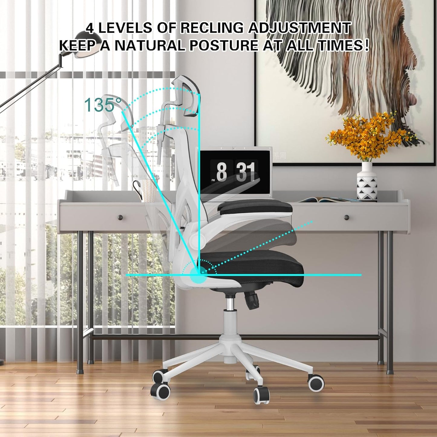 𝑯𝑶𝑴𝑬 𝑶𝑭𝑭𝑰𝑪𝑬 𝑪𝑯𝑨𝑰𝑹, Ergonomic Mesh Desk Chair, High Back Computer Chair- Adjustable Headrest with Flip-Up Arms, Lumbar Support, Swivel Executive Task Chair (Modern, White)